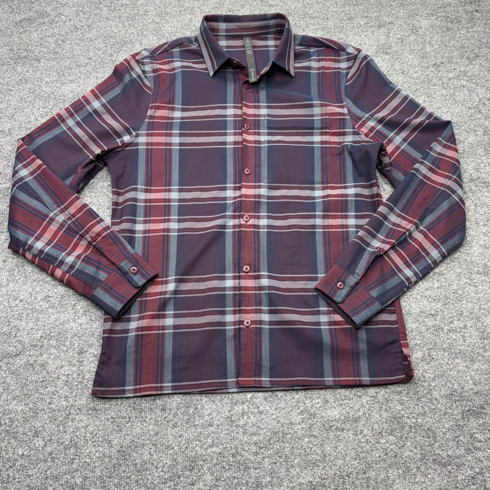 Lululemon Mens Mason Peak Long Sleeve Plaid Button Down Shirt Dark Plum Red M